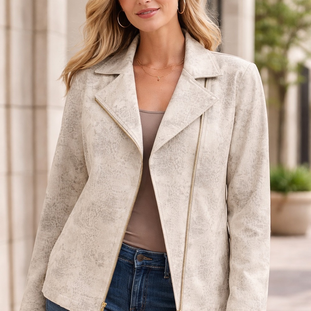 Chico’s Faux Leather Snakeskin Print Moto Jacket Cream Beige Size 3 (XL)